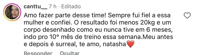 Comentário de aluna: menos 20kg e um corpo desenhado como eu nunca tive em 6 meses