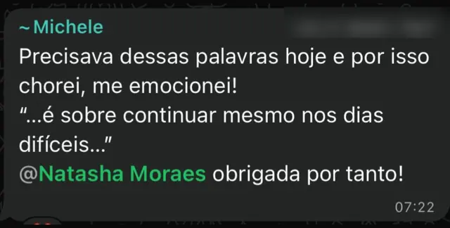 Mensagem de aluna emocionada agradecendo a Natasha