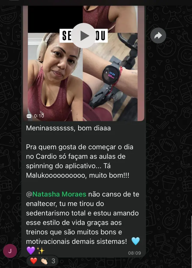 Aluna contando que saiu do sedentarismo total com as aulas de spinning