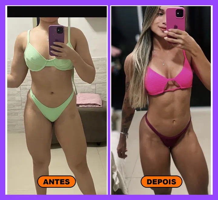 Antes e depois de aluna Power de biquíni